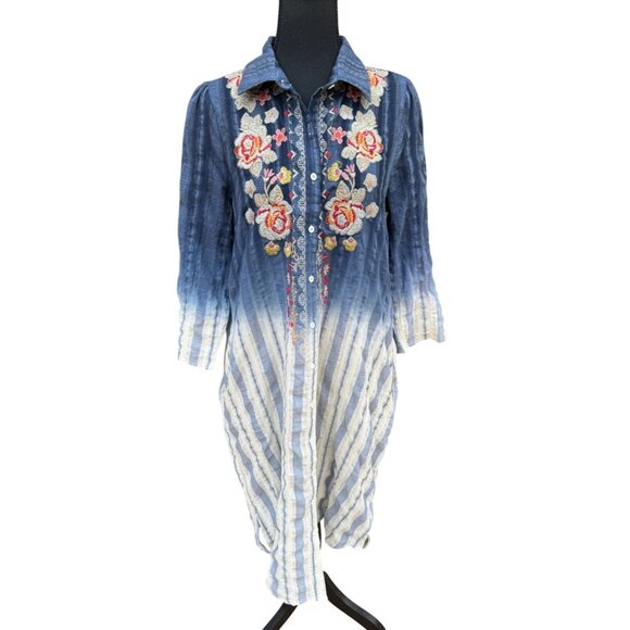 Boho Cottage Core Andree Maxi Shirt Dress Denim Embroidered Floral Long Sleeve - Picture 1 of 10